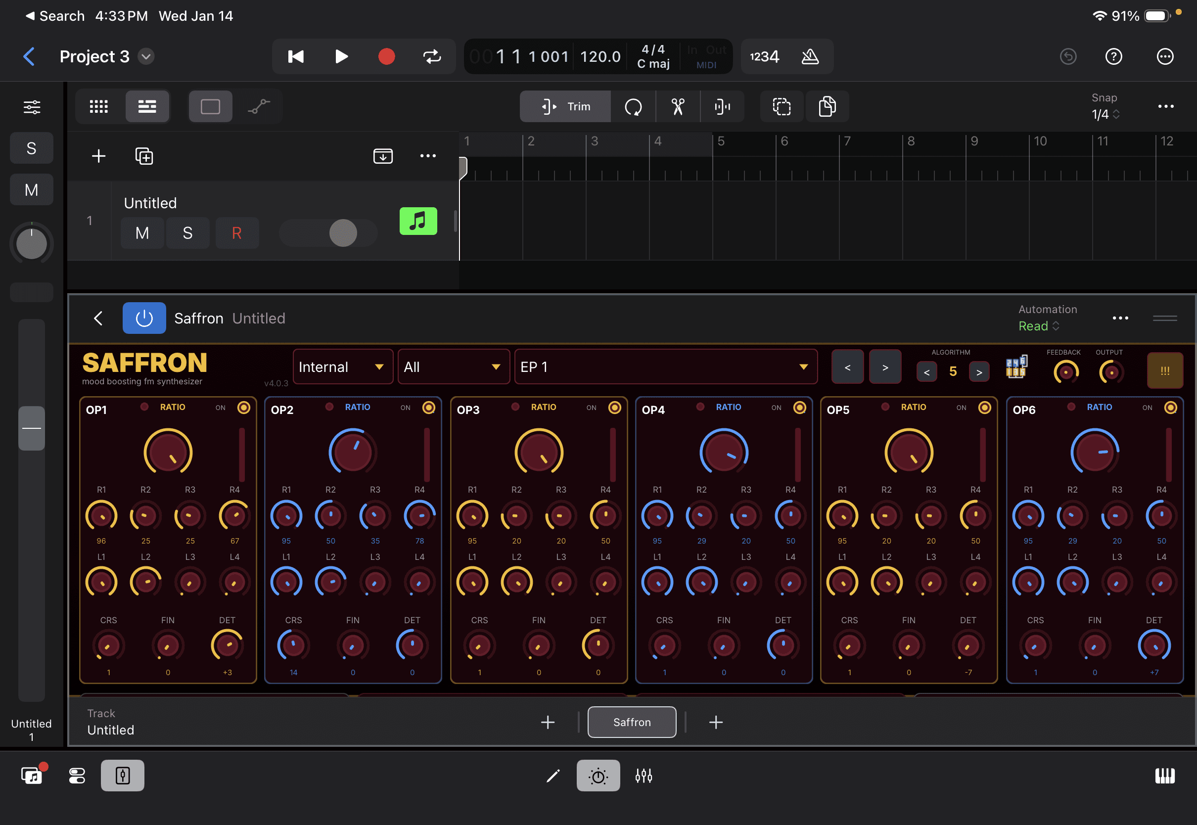 Saffron FM synthesizer in Logic Pro on iPad