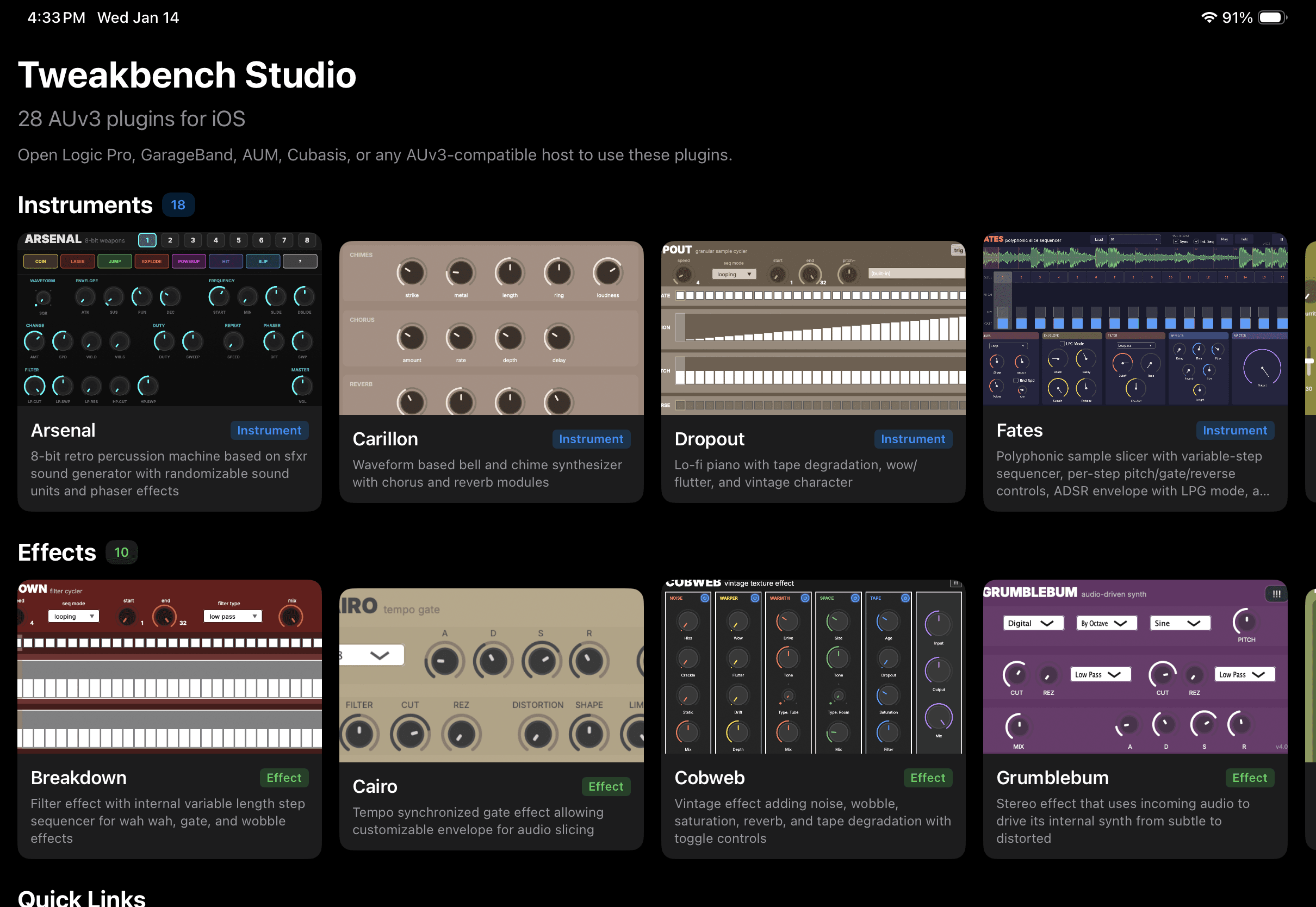 Tweakbench Studio app showing instruments