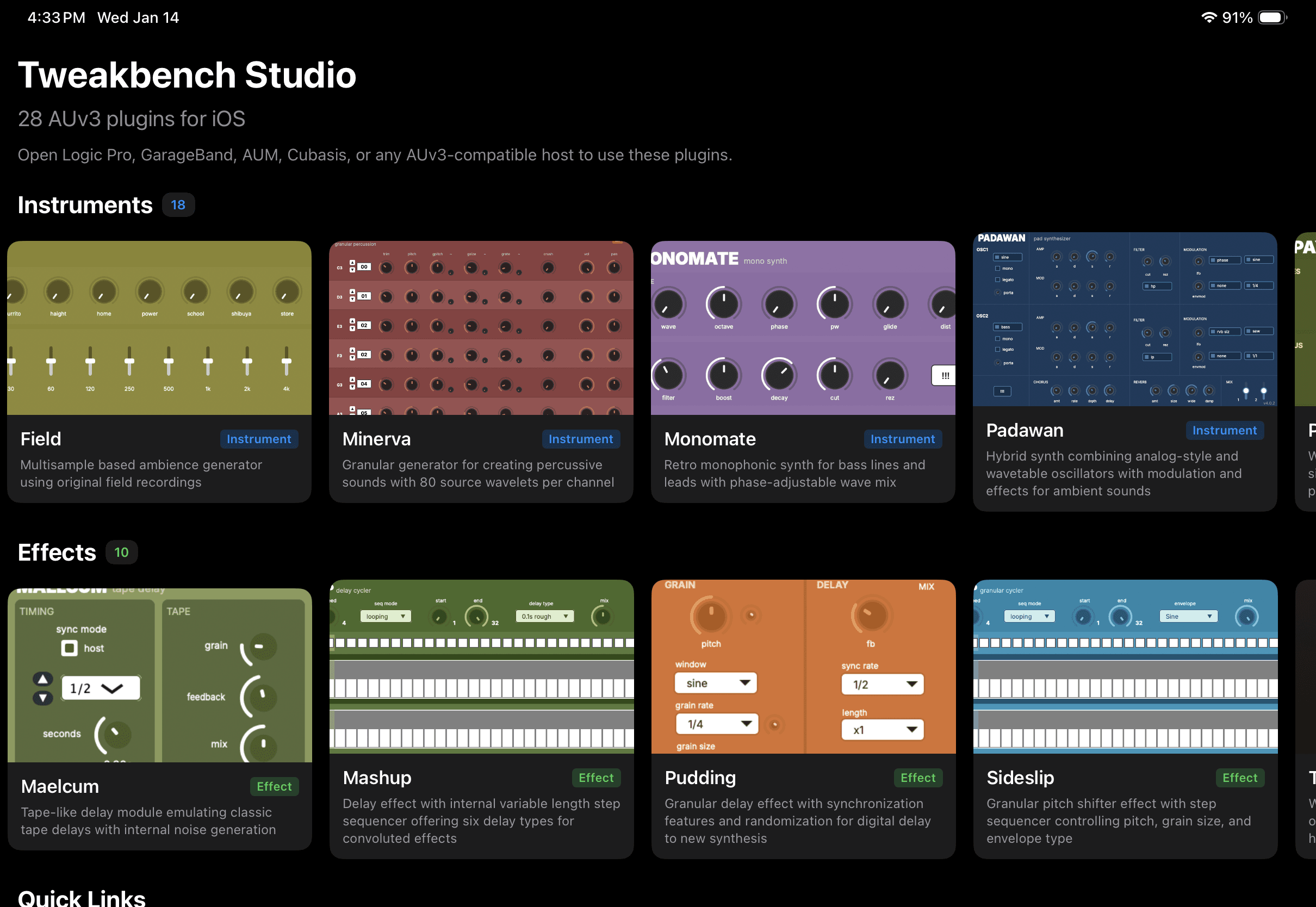 Tweakbench Studio app showing more instruments