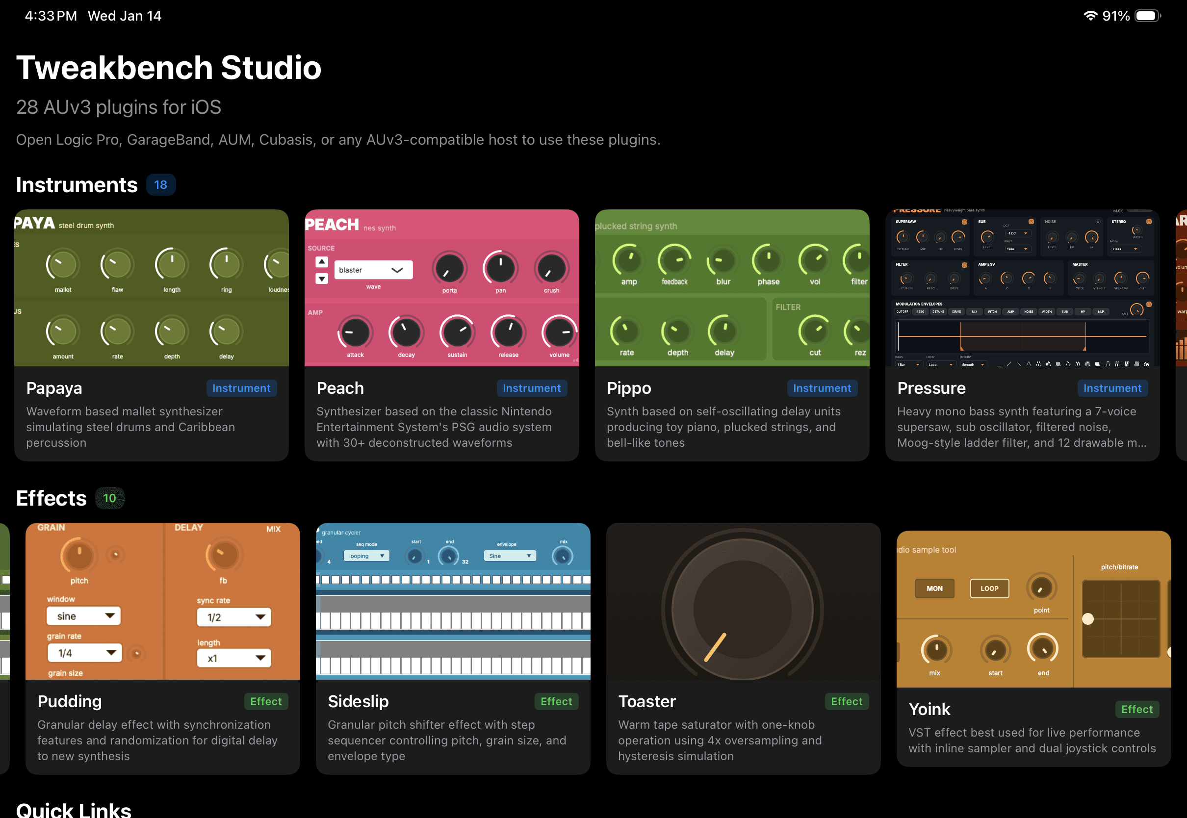 Tweakbench Studio app showing additional plugins