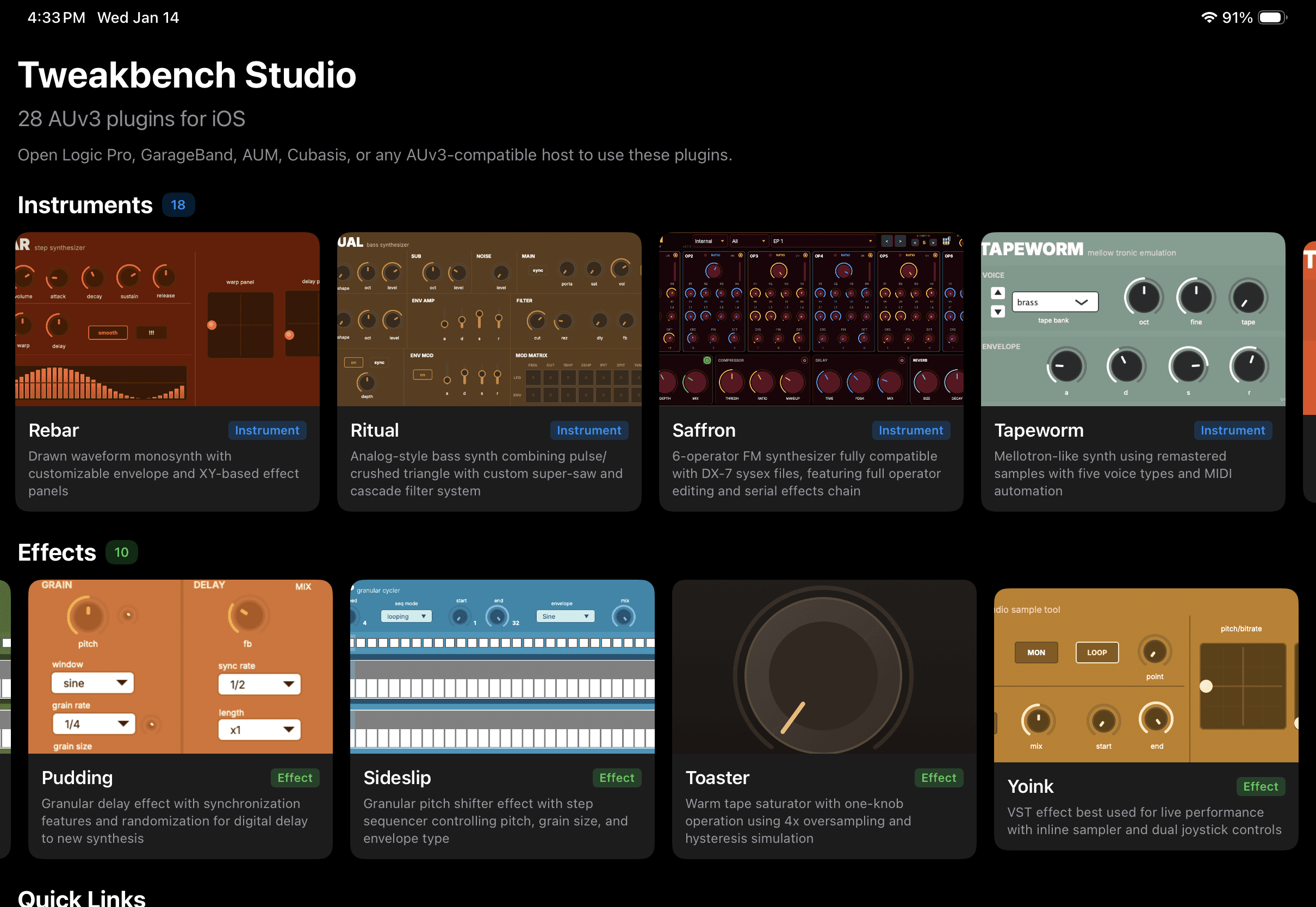 Tweakbench Studio app plugin gallery