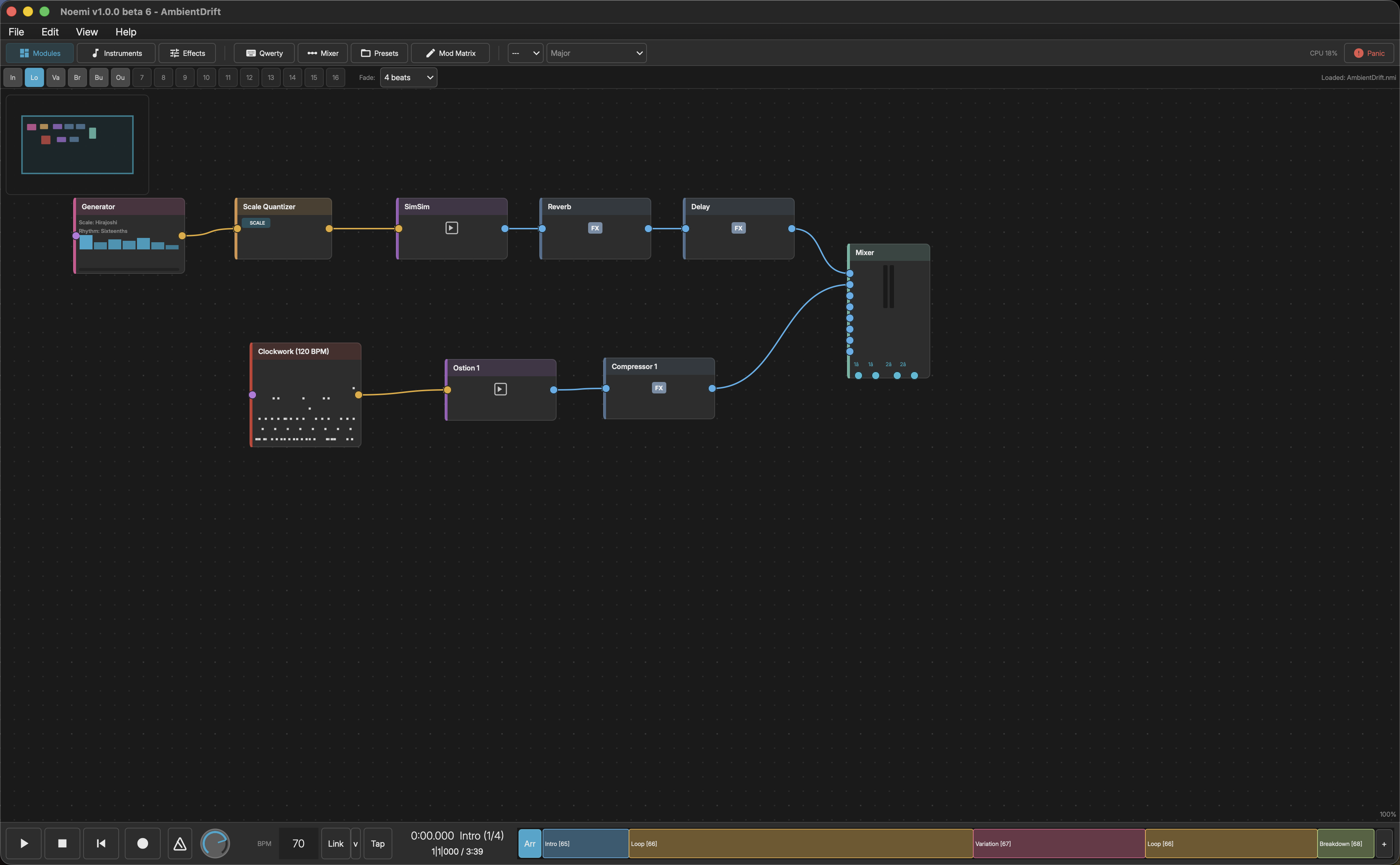 Noemi - node-based composition interface with mastering EQ, mixer, and modulation routing